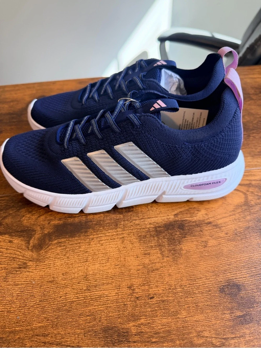 adidas Womens Navy Running Shoes with White Stripes and Pink Accents WIDE FIT